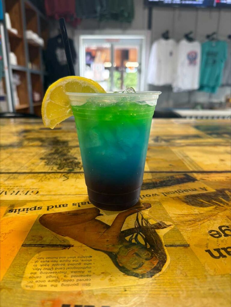 A layered blue and green cocktail at The Dirty Turtle Bar with ice, lemon slice, and a straw.