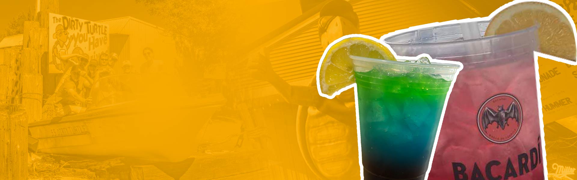 Plastic cup with a blue-green cocktail and lime slice, Bacardi logo, yellow background.