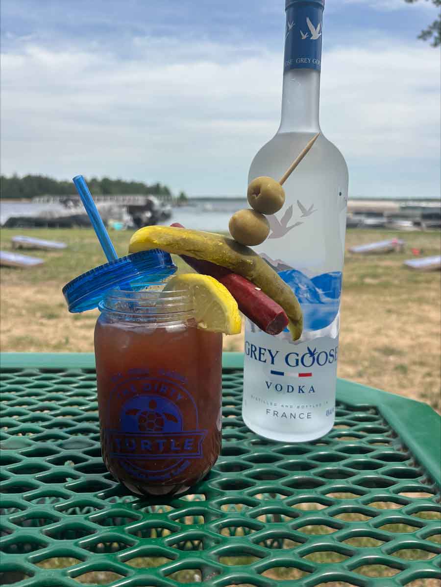 Bloody Mary cocktail in a jar at The Dirty Turtle Bar, with Grey Goose and tasty bar and drinks.