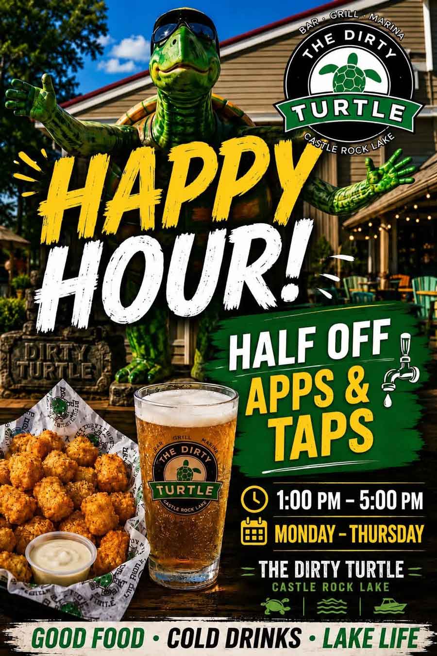 A restaurant ad for The Dirty Turtle Bar showing happy hour deals on apps, drinks, and a turtle mascot.