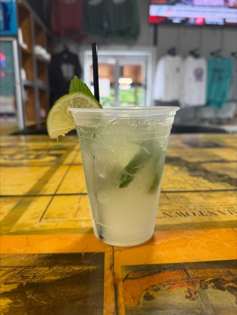 A mojito with lime and mint in a plastic cup at The Dirty Turtle Bar on a yellow table indoors.
